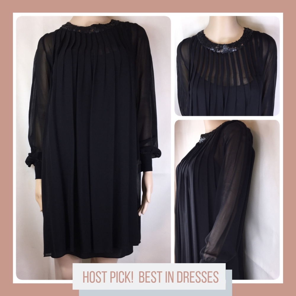 Theory Black Silk Long Sleeve Sheer Dress